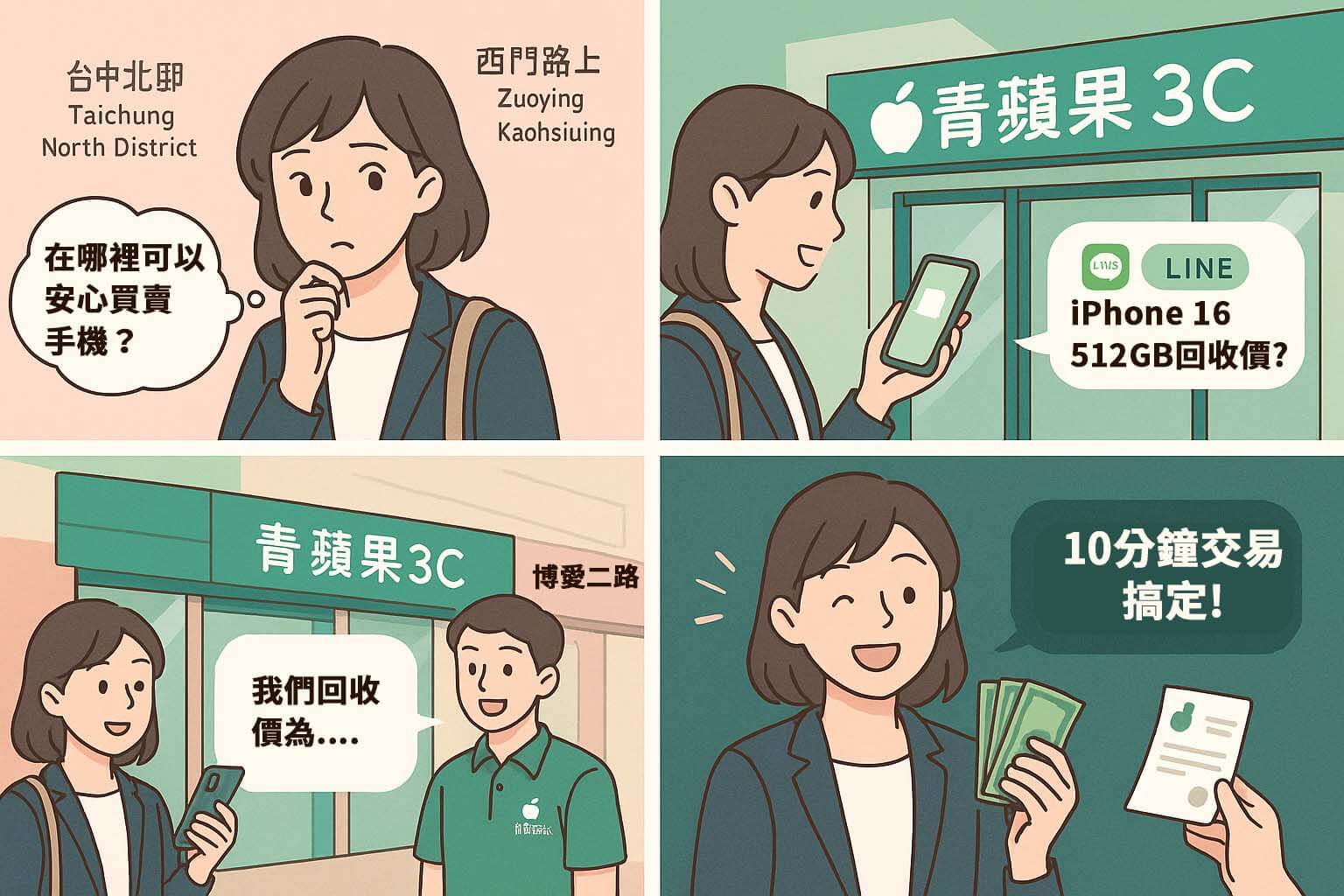 手機收購流程漫畫圖|加LINE詢價→到店估價→快速成交|青蘋果3C Four-step comic: LINE inquiry, in-store quote, instant cash – Green Apple 3C