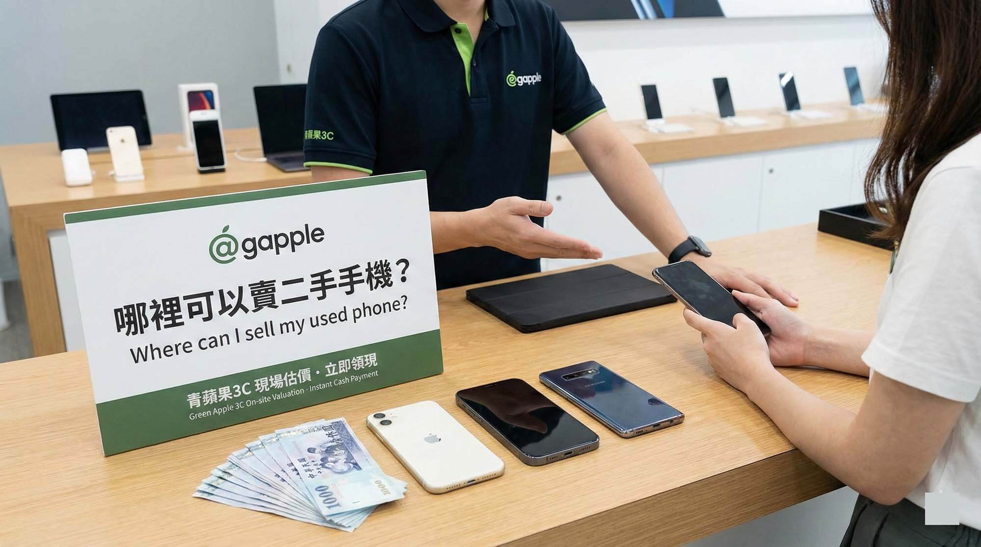 青蘋果3C 二手手機收購現場估價示意圖(乾淨桌面、手機與現金元素)