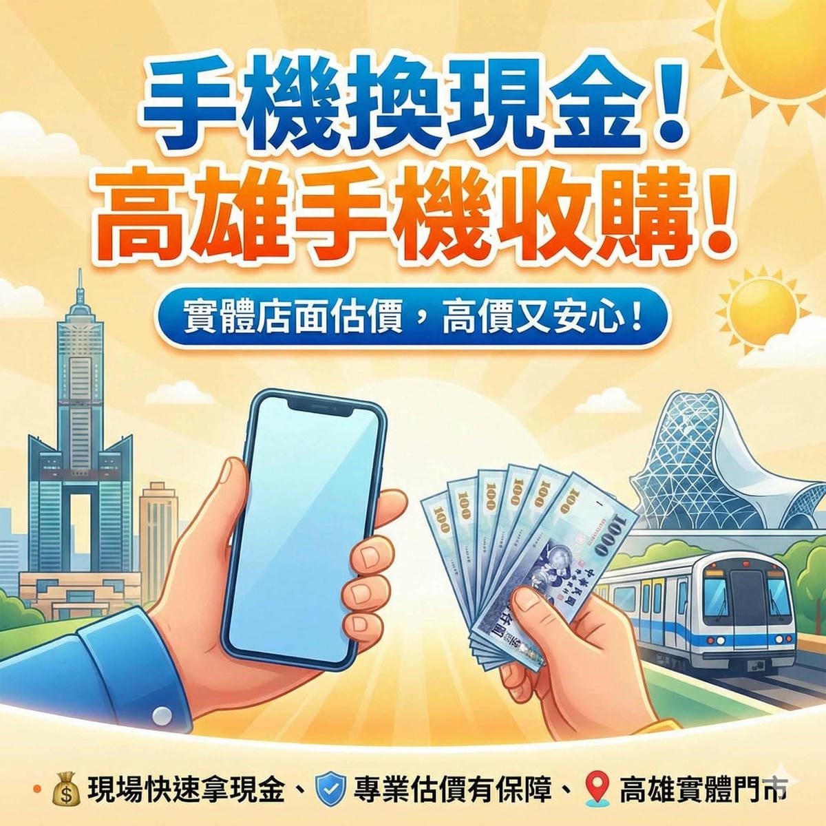 高雄漢神巨蛋商圈旁的實體門市進行手機換現金服務 / Mobile phone for cash service at a physical store near Kaohsiung Hanshin Arena shopping district.